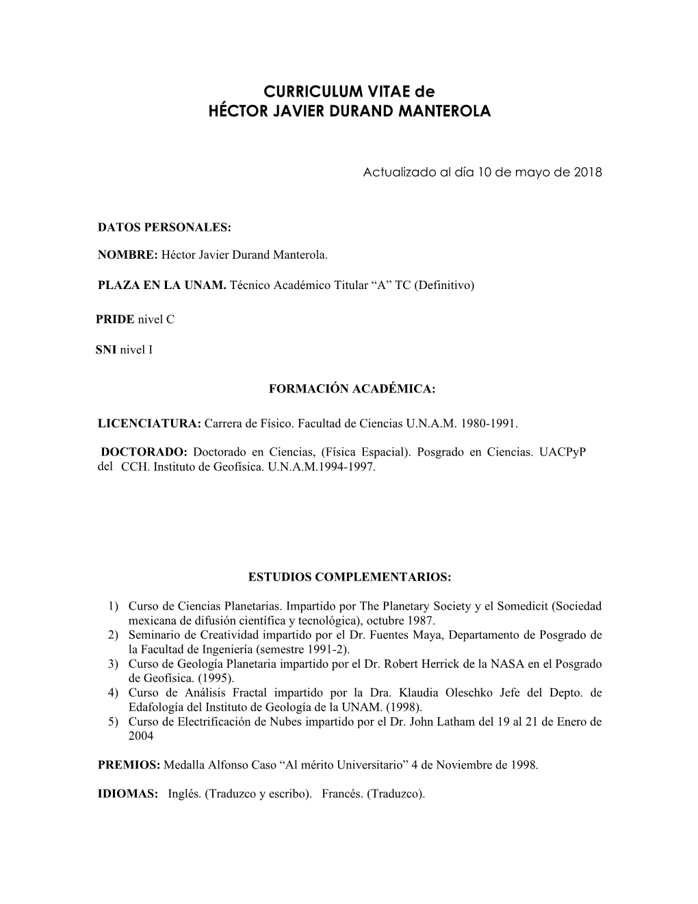 CURRICULUM VITAE De HÉCTOR JAVIER DURAND MANTEROLA