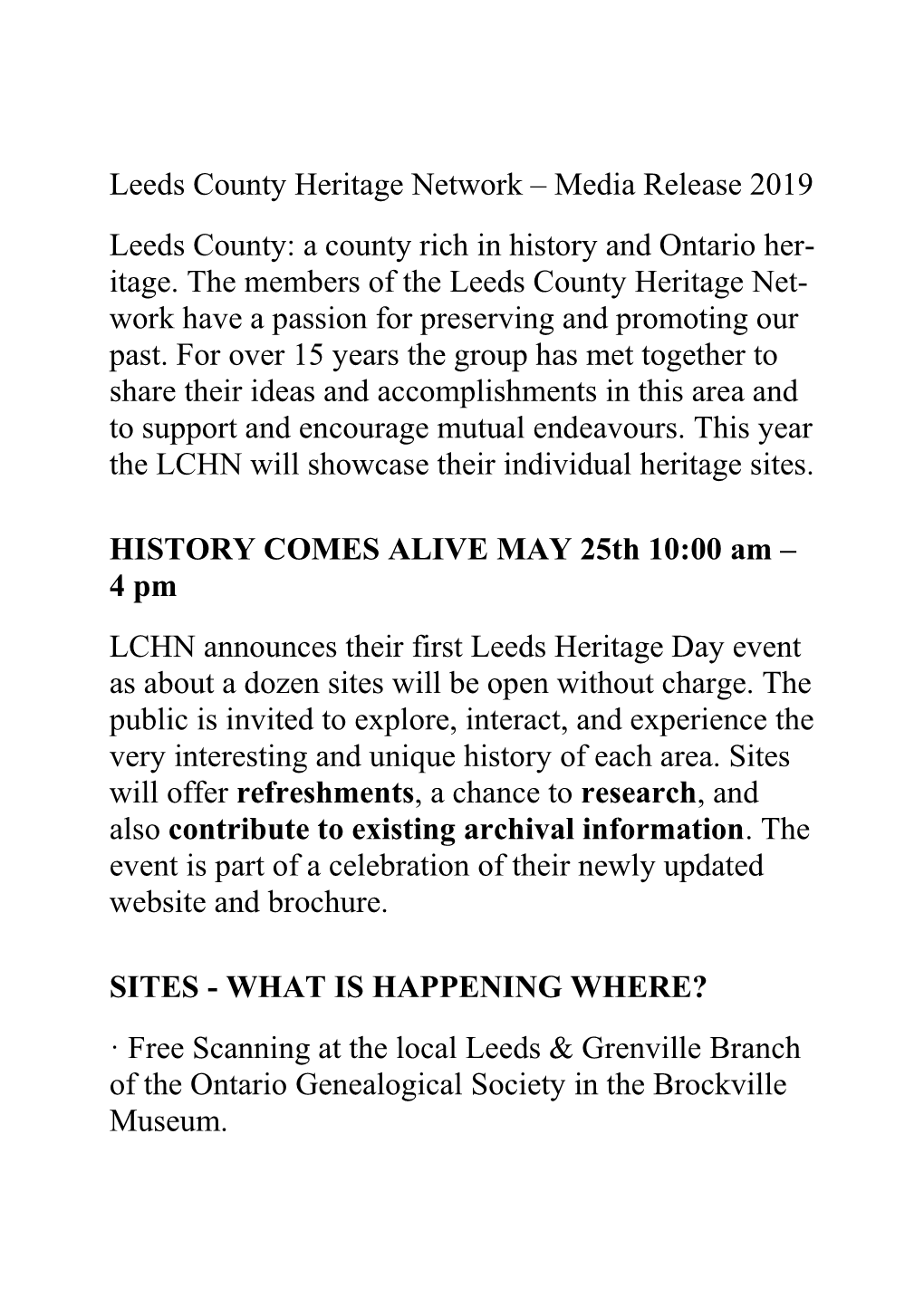 Leeds County Heritage Network – Media Release 2019 Leeds County: a County Rich in History and Ontario Her- Itage