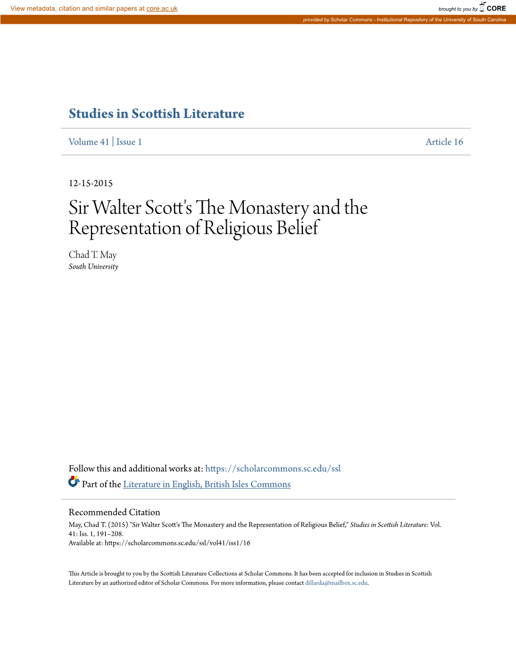 Sir Walter Scott's the Monastery and the Representation of Religious Belief