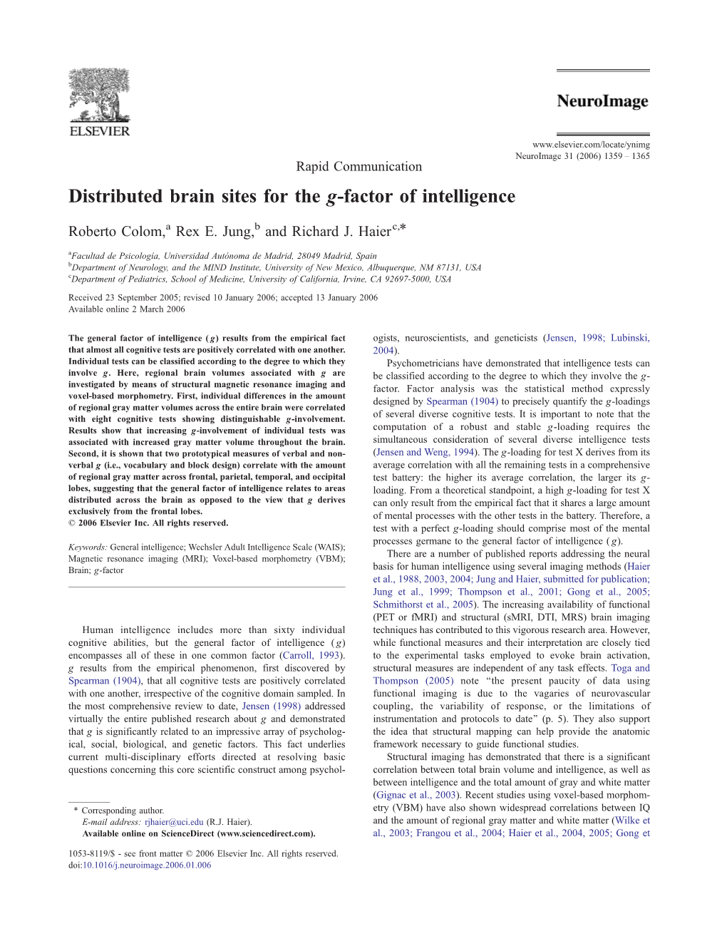 Distributed Brain Sites for the G-Factor of Intelligence