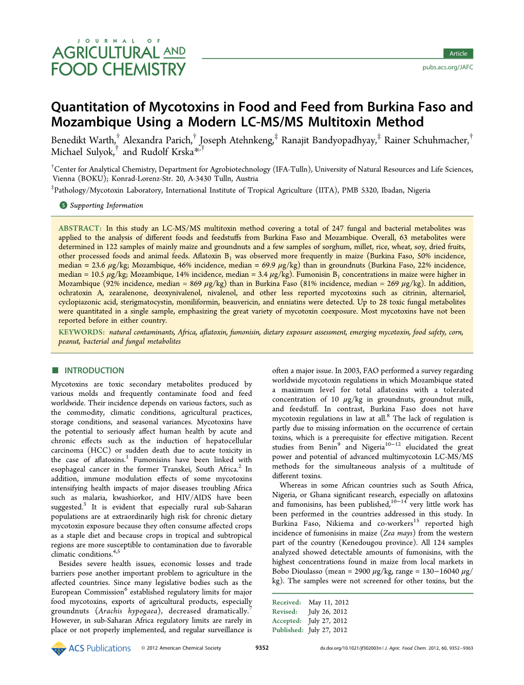 Quantitation of Mycotoxins in Food and Feed from Burkina Faso And