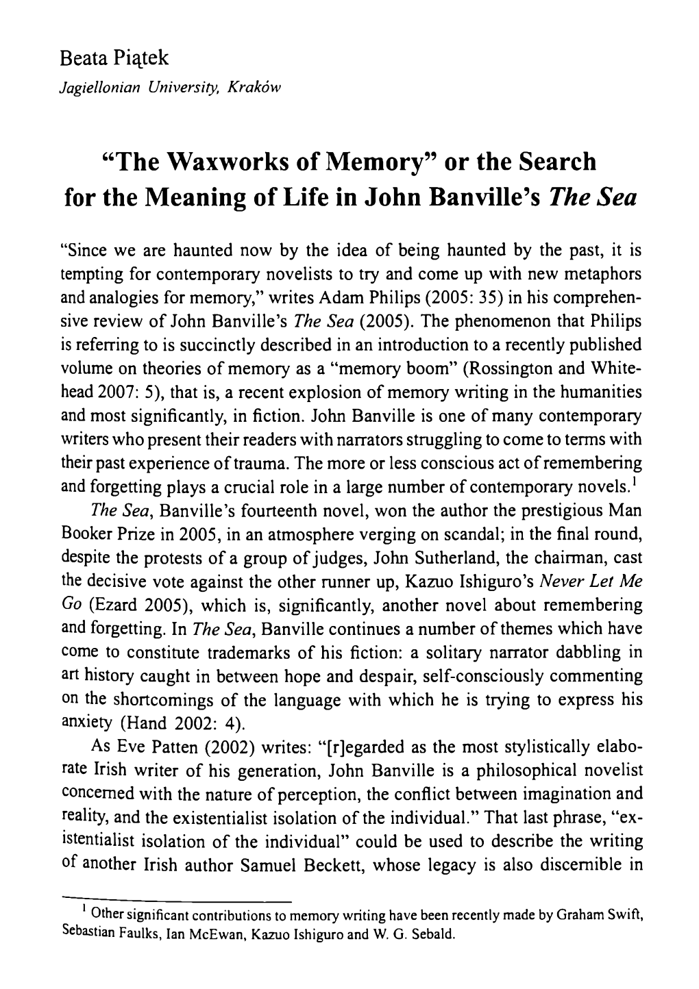 “The Waxworks of Memory” Or the Search for the Meaning of Life in John Banville's The