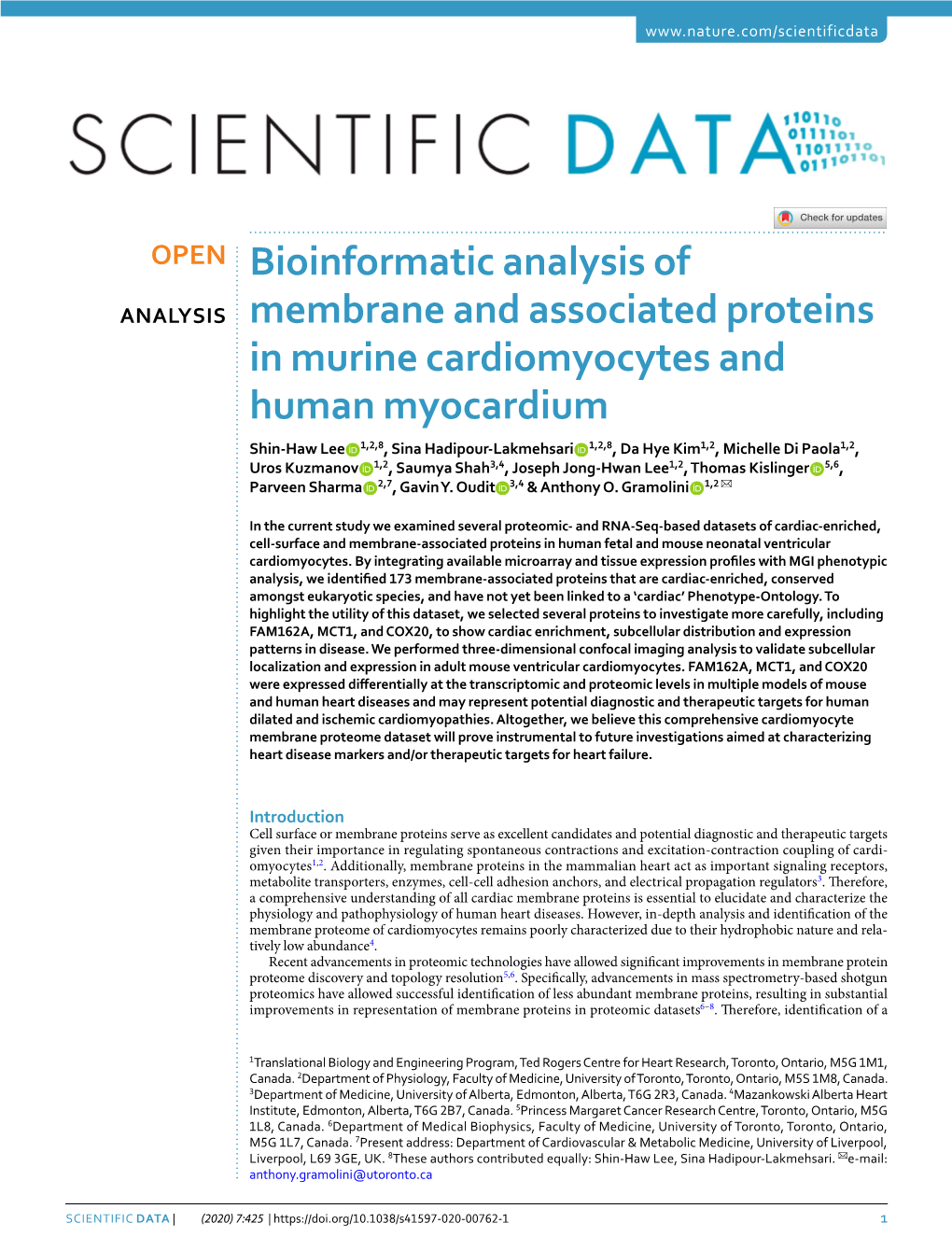 Bioinformatic Analysis of Membrane and Associated Proteins in Murine Cardiomyocytes and Human Myocardium