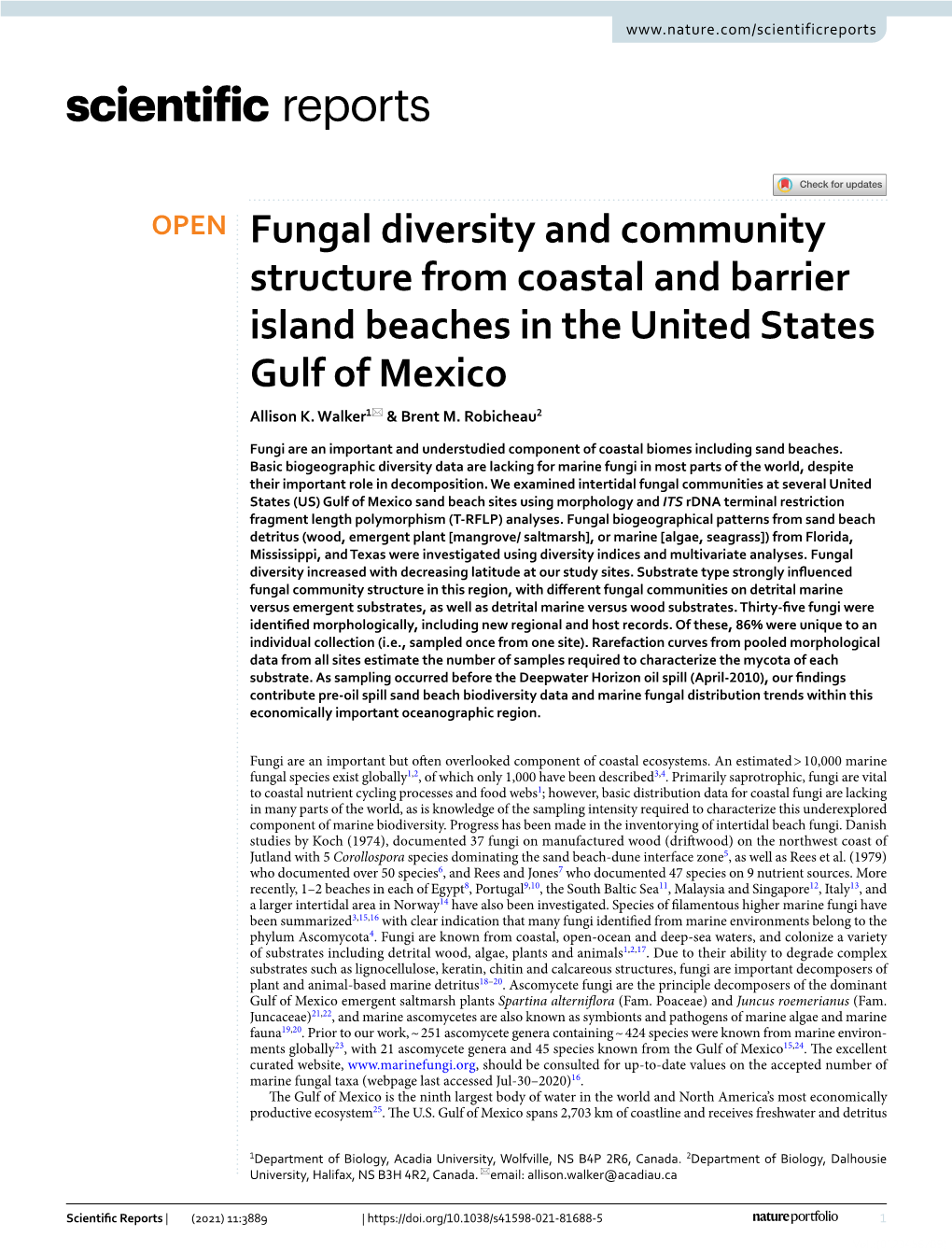 Fungal Diversity and Community Structure from Coastal and Barrier Island Beaches in the United States Gulf of Mexico Allison K