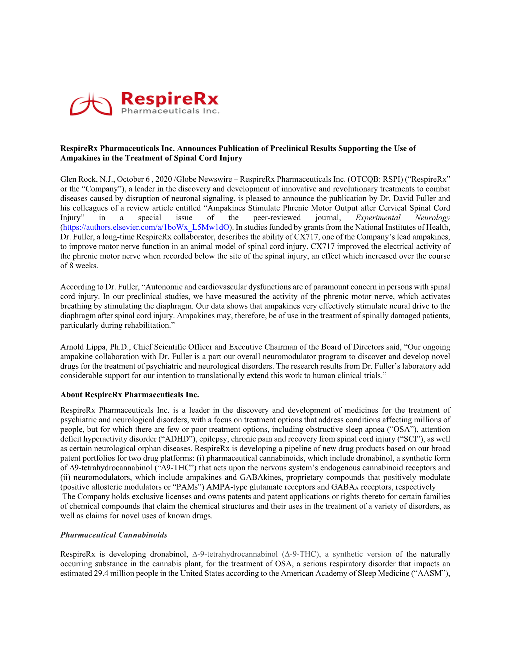 10/06/2020 – Respirerx Pharmaceuticals Inc. Announces