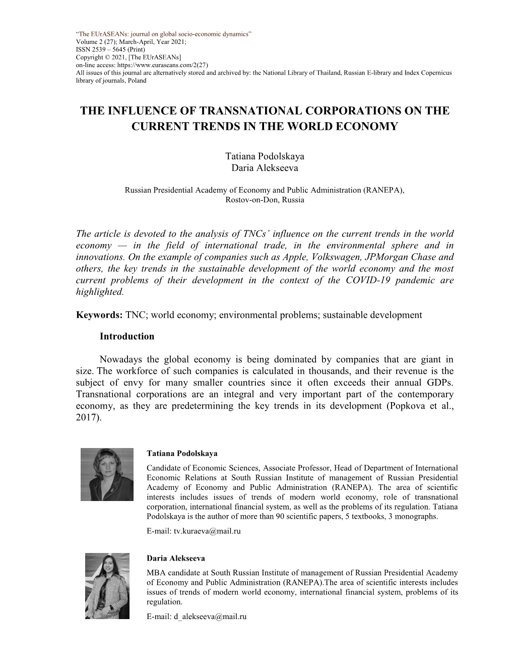 The Influence of Transnational Corporations on the Current Trends in the World Economy