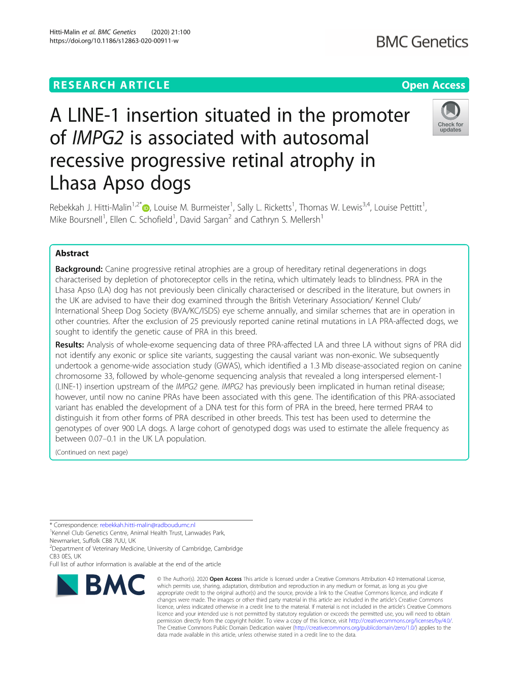 A LINE-1 Insertion Situated in the Promoter of IMPG2 Is Associated with Autosomal Recessive Progressive Retinal Atrophy in Lhasa Apso Dogs Rebekkah J