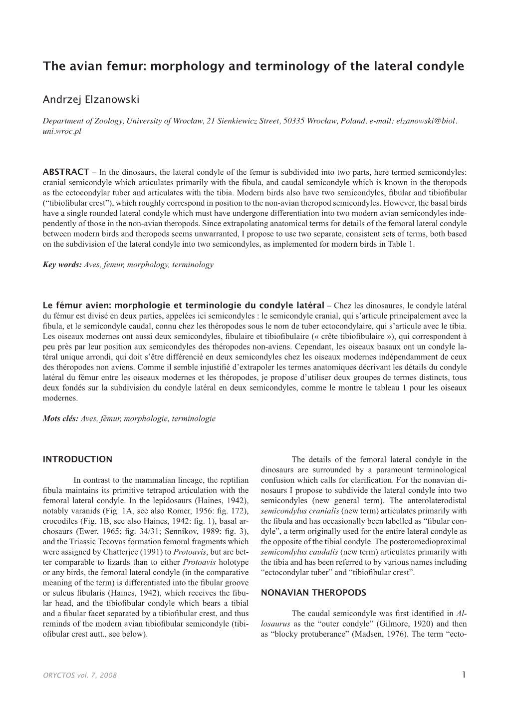 The Avian Femur: Morphology and Terminology of the Lateral Condyle