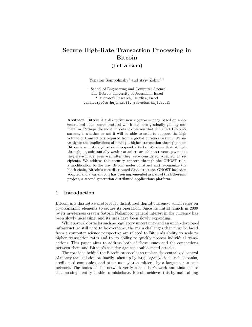 Secure High-Rate Transaction Processing in Bitcoin (Full Version)