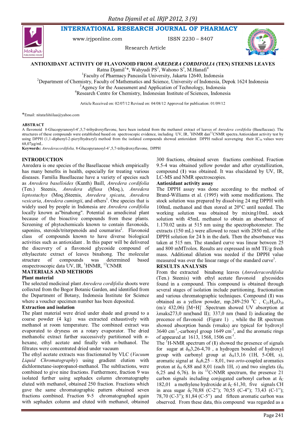 Antioxidant Activity of Flavonoid from Anredera Cordifolia