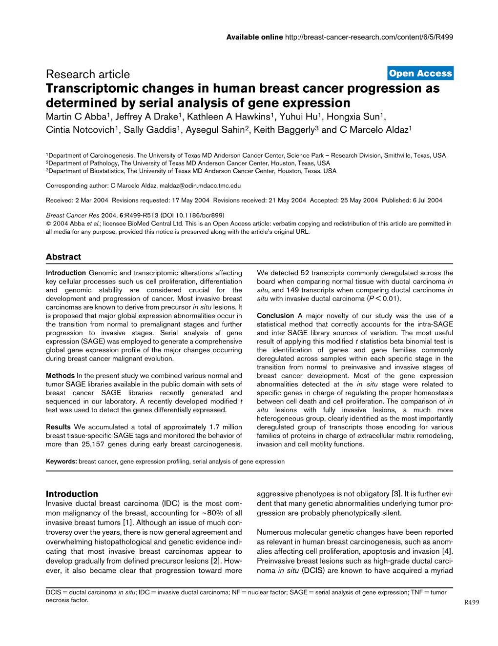 Transcriptomic Changes in Human Breast Cancer Progression As