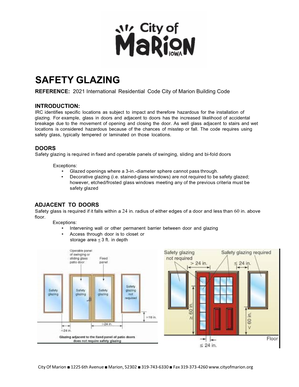 SAFETY GLAZING REFERENCE: 2021 International Residential Code City of Marion Building Code