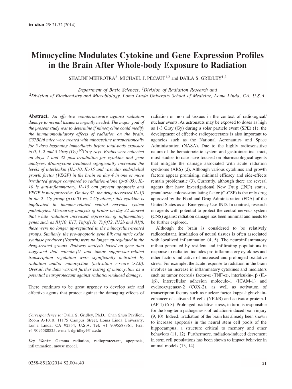 Minocycline Modulates Cytokine and Gene Expression Profiles in the Brain After Whole-Body Exposure to Radiation