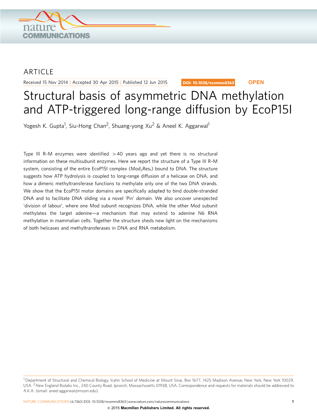 Structural Basis of Asymmetric DNA Methylation and ATP-Triggered Long-Range Diffusion by Ecop15i
