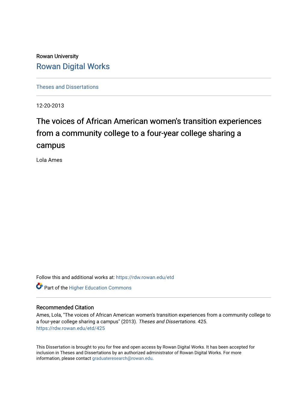 The Voices of African American Women's Transition Experiences from a Community College to a Four-Year College Sharing a Campus