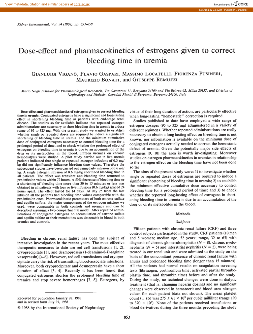 Dose-Effect and Pharmacokinetics of Estrogens Given to Correct Bleeding Time in Uremia