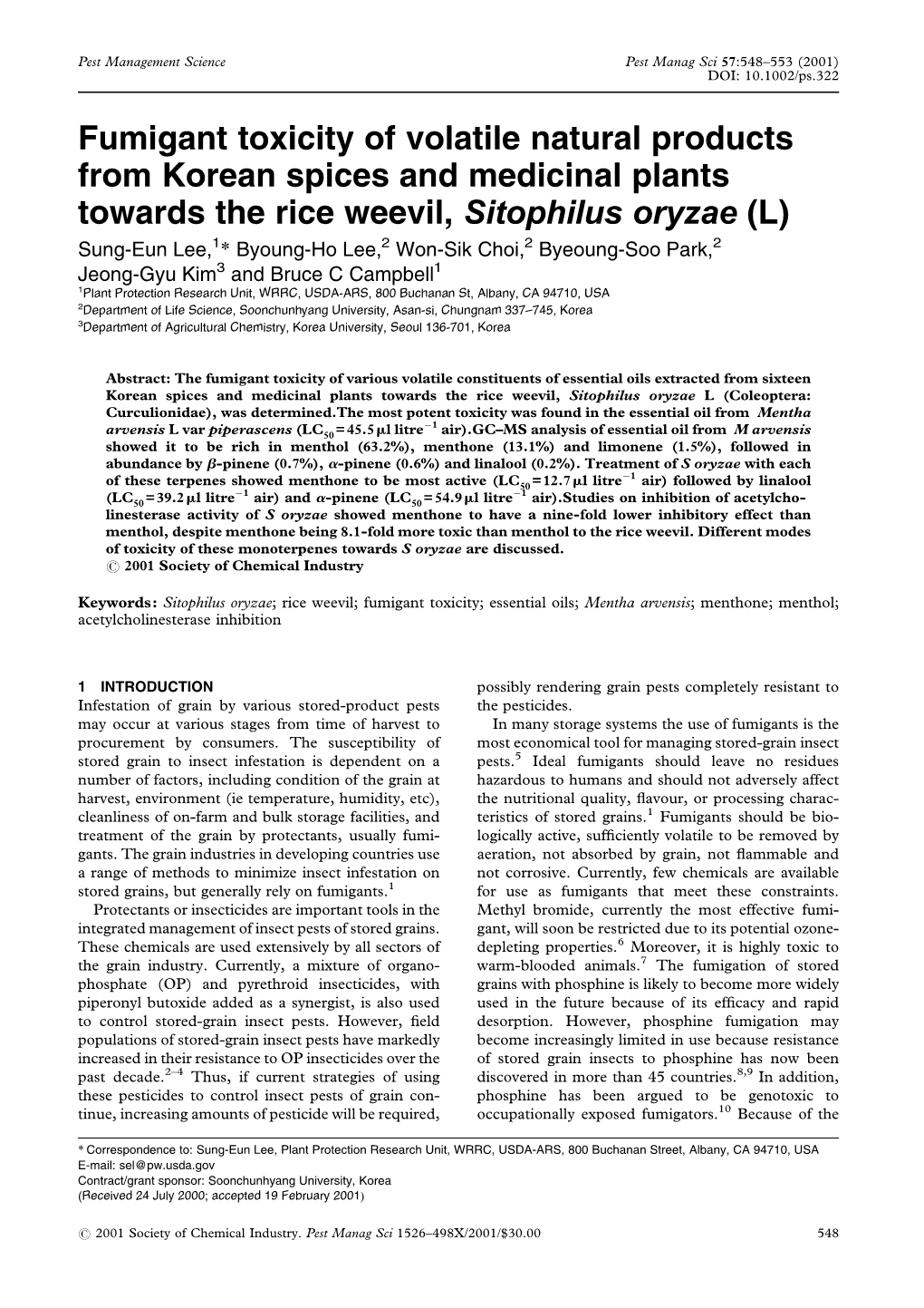 Fumigant Toxicity of Volatile Natural Products from Korean Spices And