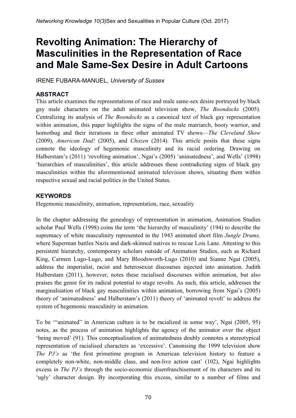 Revolting Animation: the Hierarchy of Masculinities in the Representation of Race and Male Same-Sex Desire in Adult Cartoons