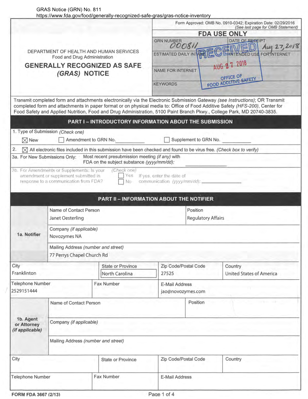 GRAS Notice 811 for Phospholipase A1 Produced by Aspergillus Oryzae