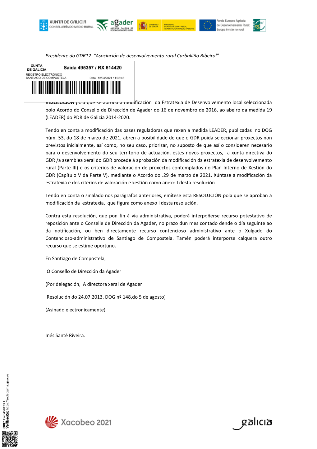 Presidente Do GDR12 “Asociación De Desenvolvemento Rural Carballiño Ribeirol”