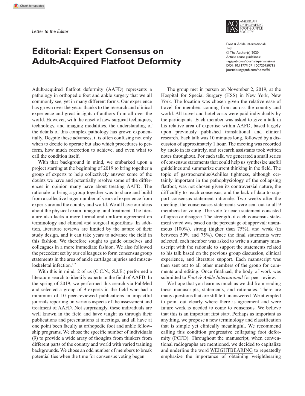 Expert Consensus on Adult-Acquired Flatfoot Deformity