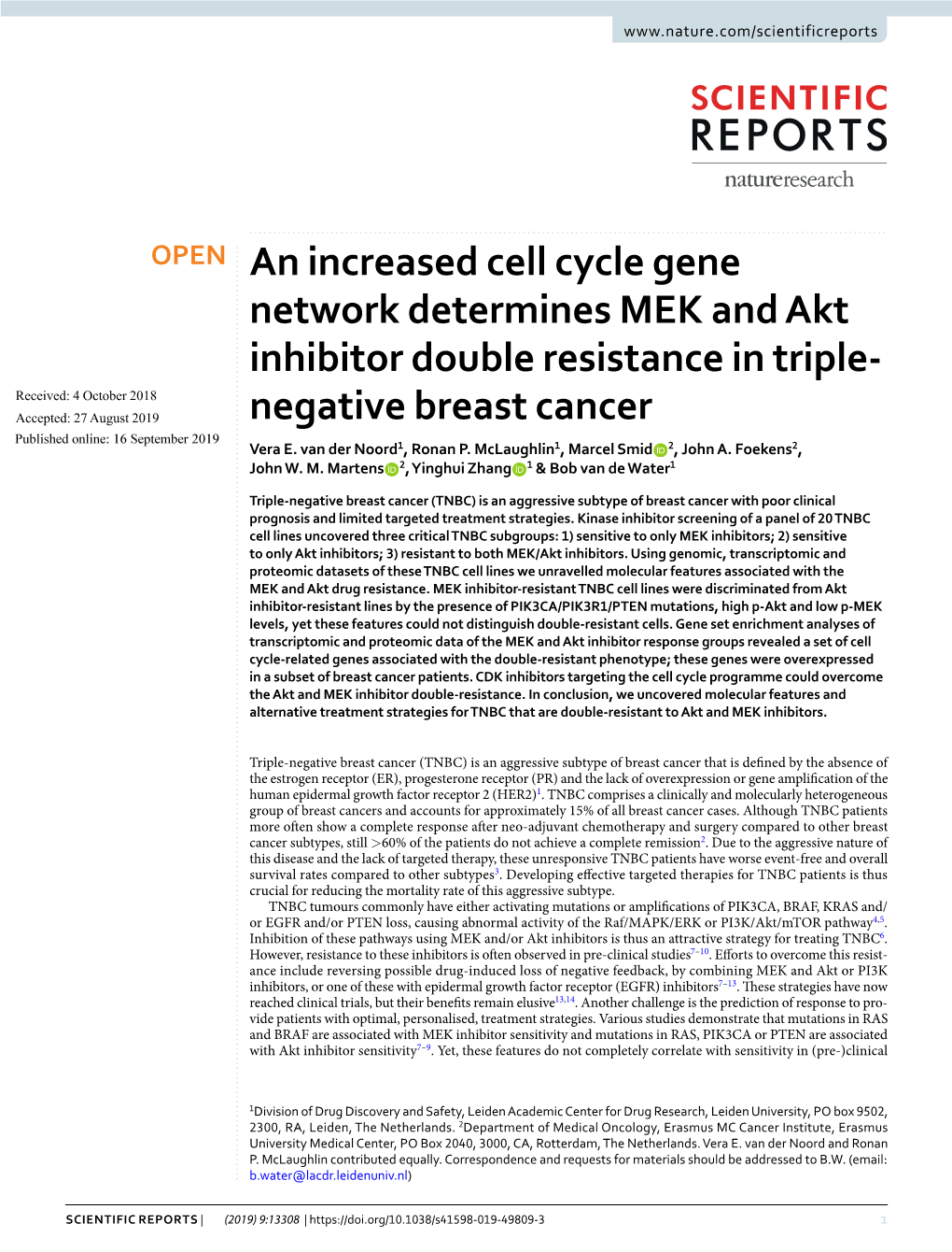 An Increased Cell Cycle Gene Network Determines MEK and Akt Inhibitor Double Resistance in Triple-Negative Breast Cancer