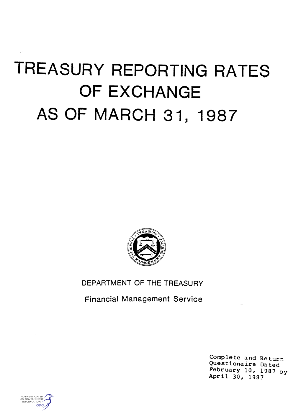 Treasury Reporting Rates of Exchange As of March 31, 1987