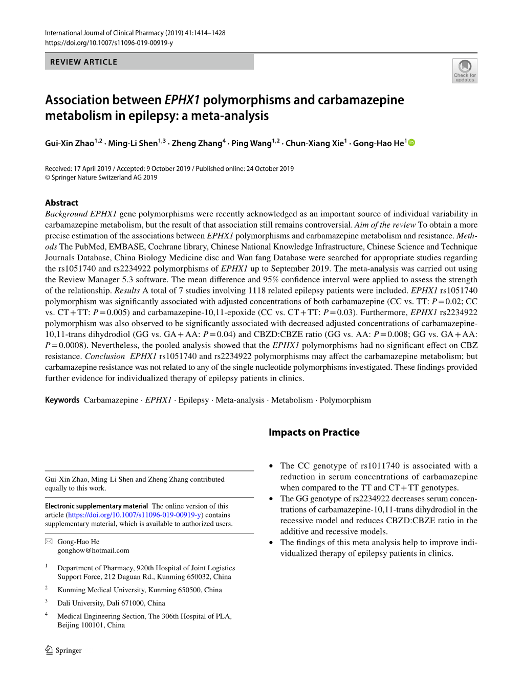 Association Between EPHX1 Polymorphisms and Carbamazepine Metabolism in Epilepsy: a Meta‑Analysis