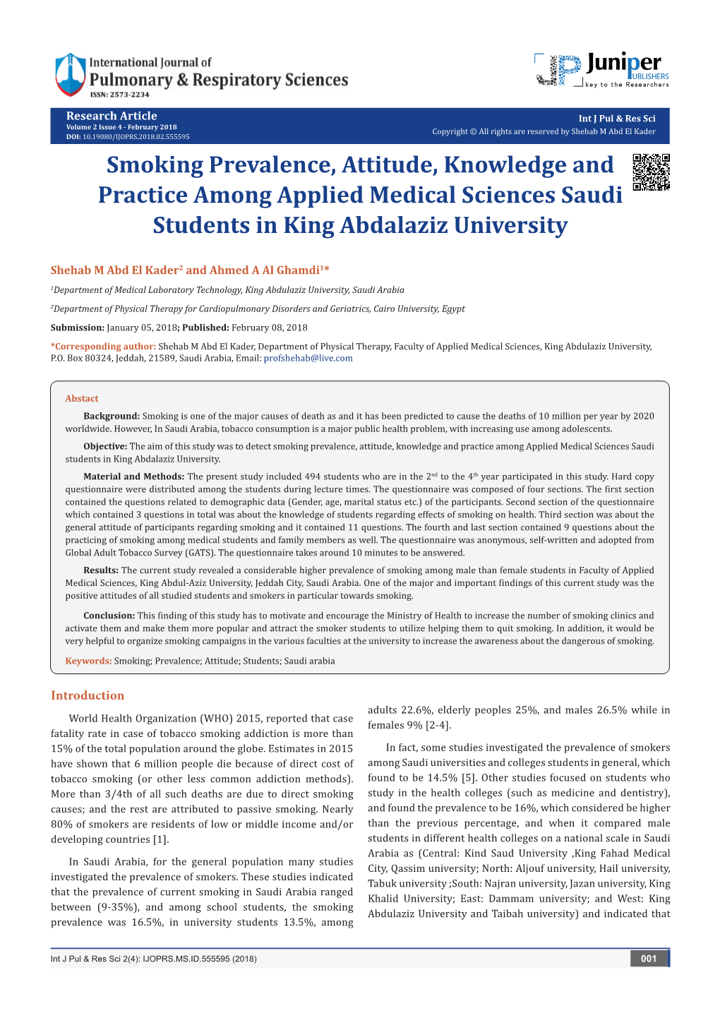 Smoking Prevalence, Attitude, Knowledge and Practice Among Applied Medical Sciences Saudi Students in King Abdalaziz University