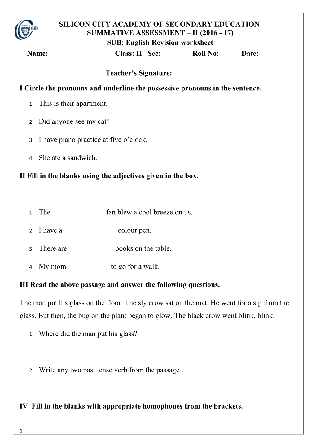 SUB: English Revision Worksheet