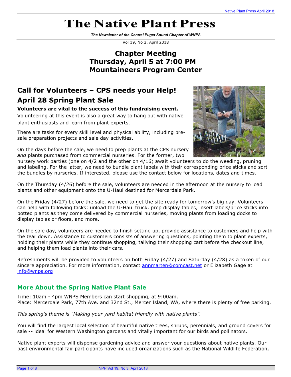 The Native Plant Press the Newsletter of the Central Puget Sound Chapter of WNPS Vol 19, No 3, April 2018