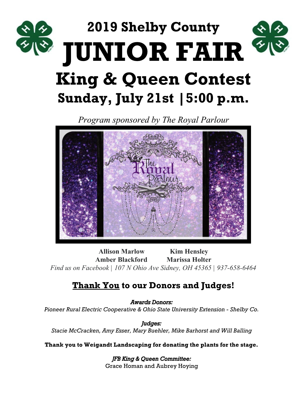 JUNIOR FAIR King & Queen Contest Sunday, July 21St |5:00 P.M