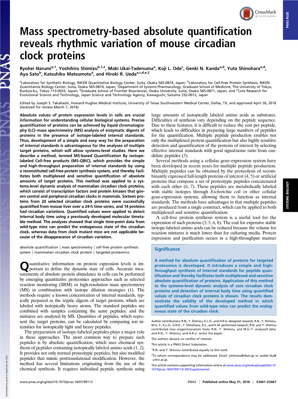 Mass Spectrometry-Based Absolute Quantification Reveals Rhythmic Variation of Mouse Circadian Clock Proteins