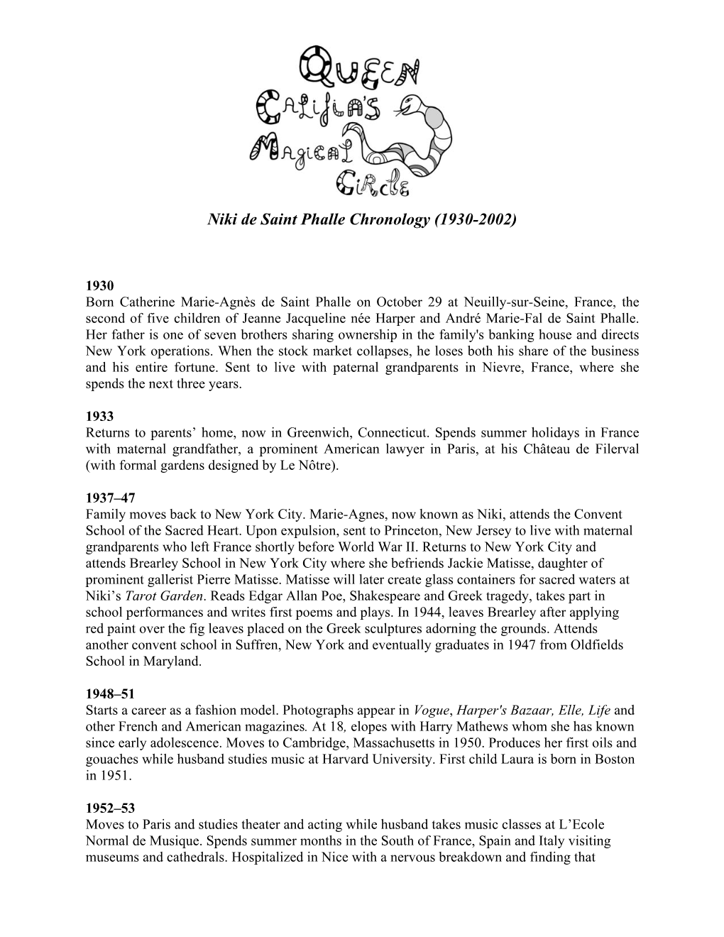 Niki De Saint Phalle Chronology (1930-2002)