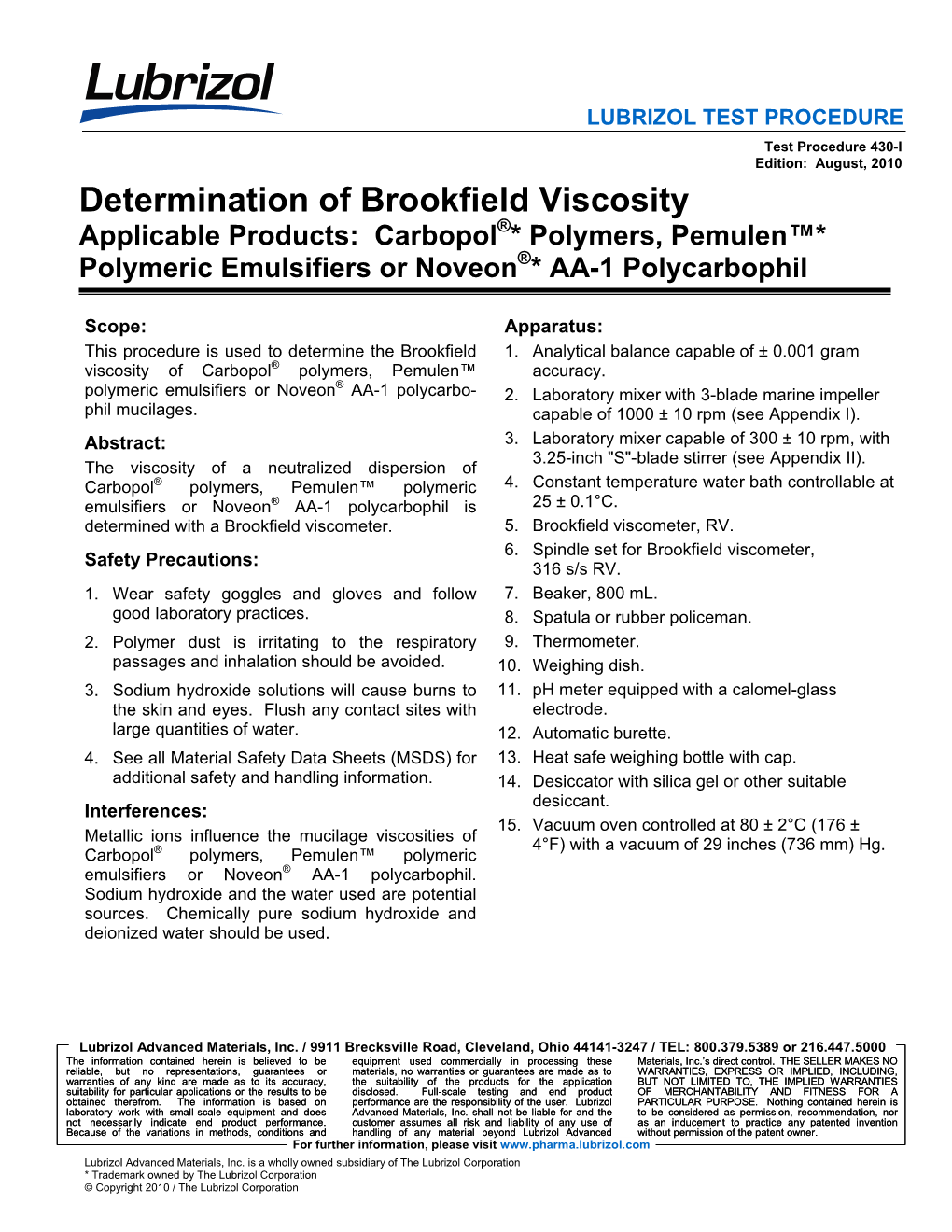 Determination of Brookfield Viscosity Carbopol Test Procedure