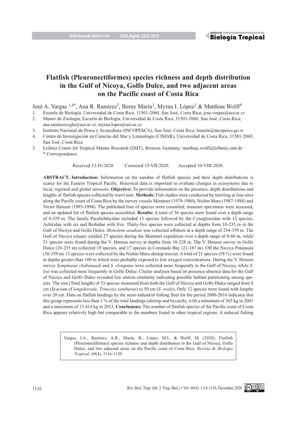 Species Richness and Depth Distribution in the Gulf of Nicoya, Golfo Dulce, and Two Adjacent Areas on the Pacific Coast of Costa Rica