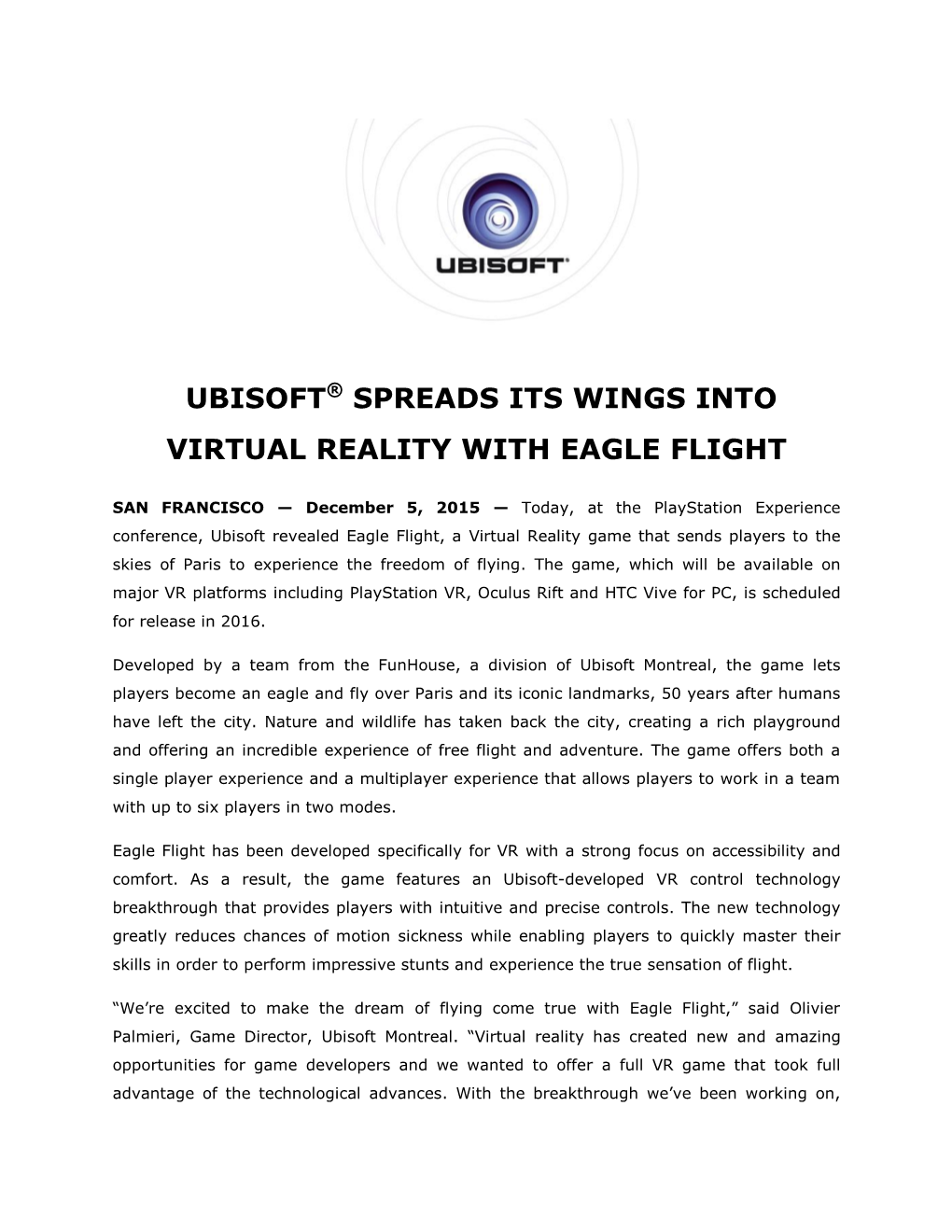 Ubisoft® Spreads Its Wings Into Virtual Reality with Eagle Flight