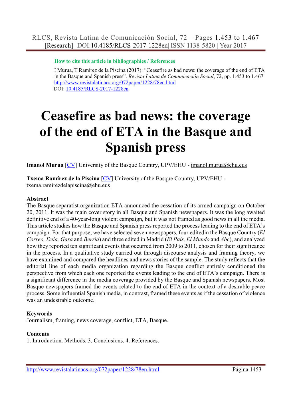 Ceasefire As Bad News: the Coverage of the End of ETA in the Basque and Spanish Press”