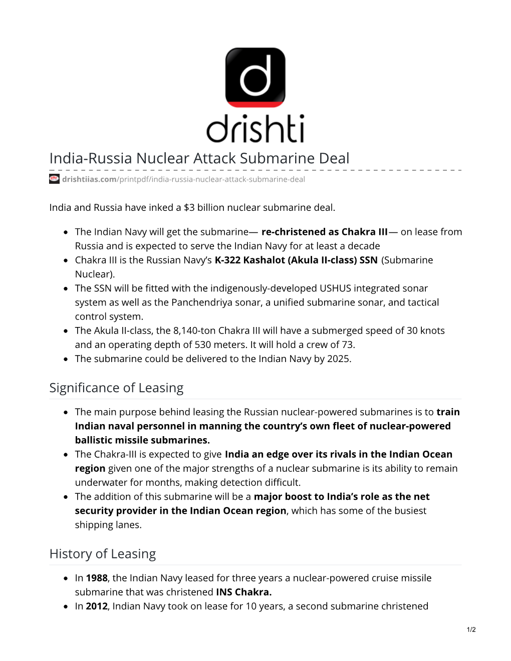 India-Russia Nuclear Attack Submarine Deal