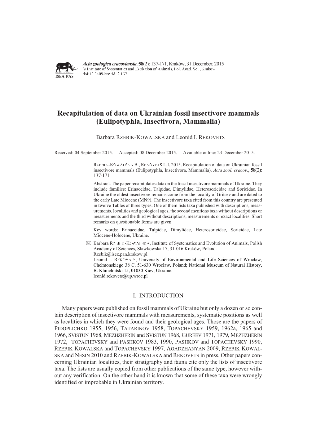 Recapitulation of Data on Ukrainian Fossil Insectivore Mammals (Eulipotyphla, Insectivora, Mammalia)