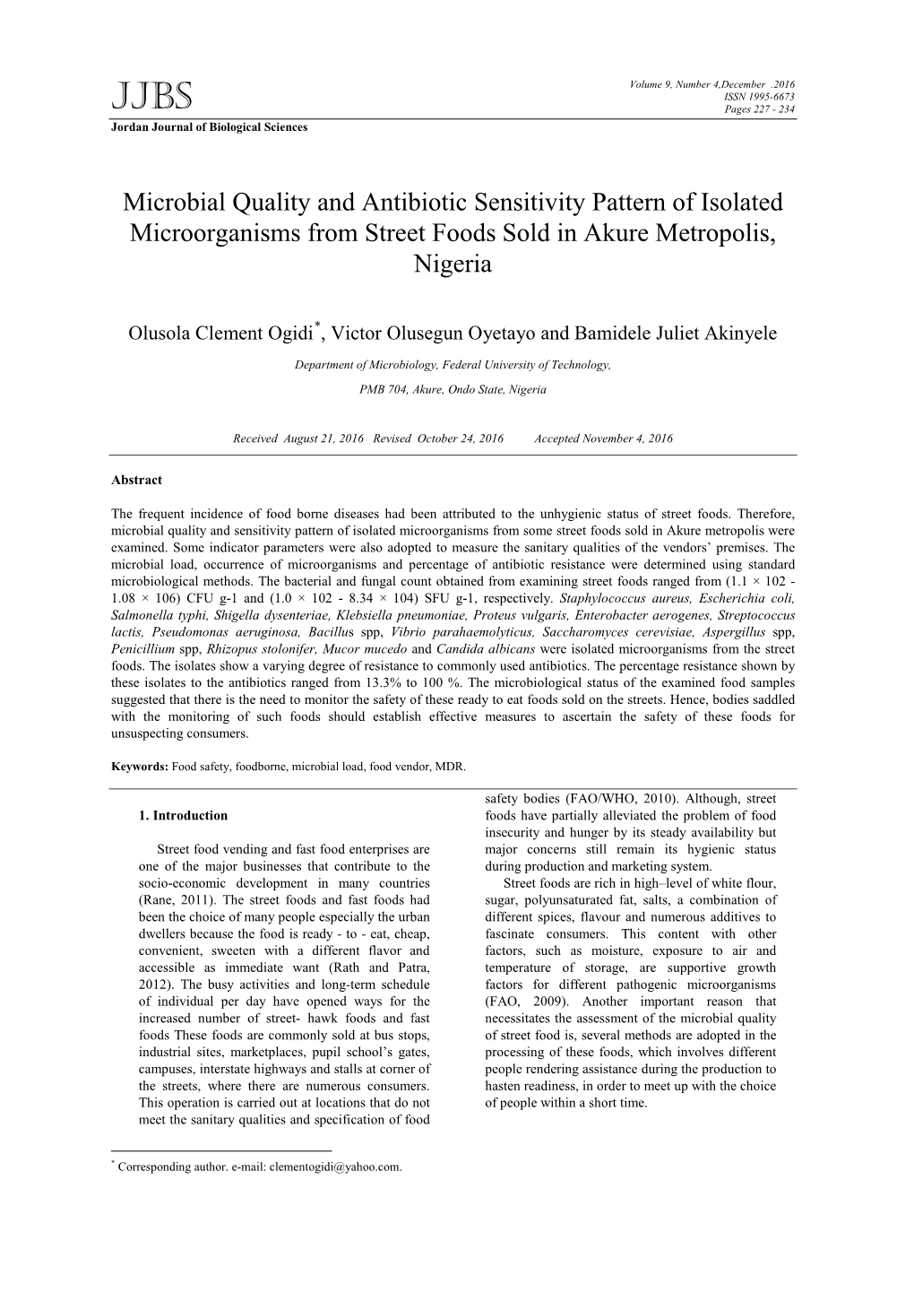 Microbial Quality and Antibiotic Sensitivity Pattern of Isolated Microorganisms from Street Foods Sold in Akure Metropolis, Nigeria