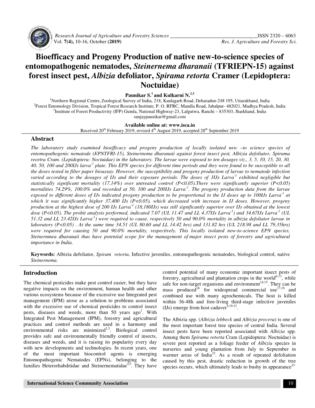 Bioefficacy and Progeny Production Entomopathogenic Nematodes, Forest Insect Pest, Albizia Defoliator, and Progeny Production Of