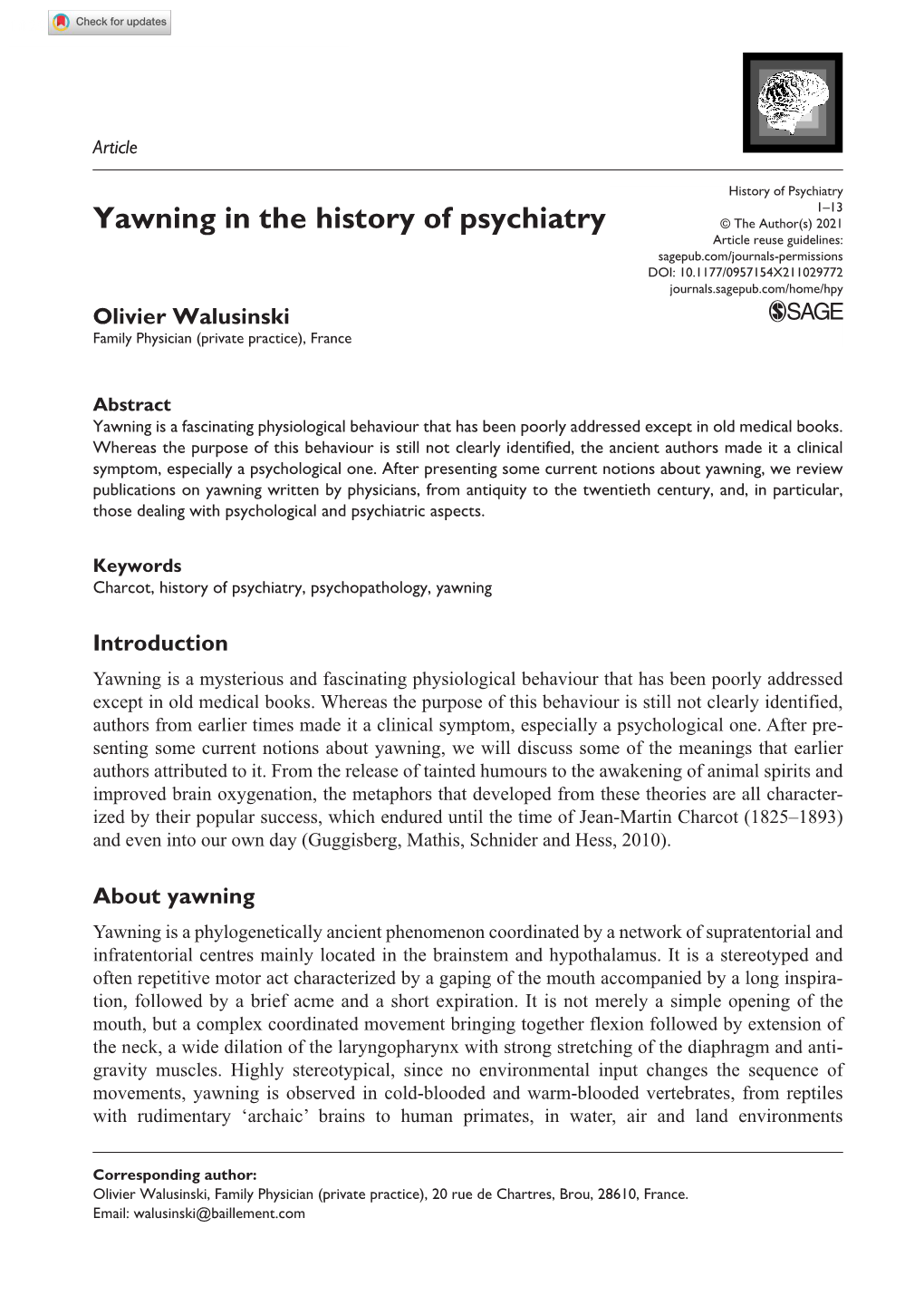 Yawning in the History of Psychiatry