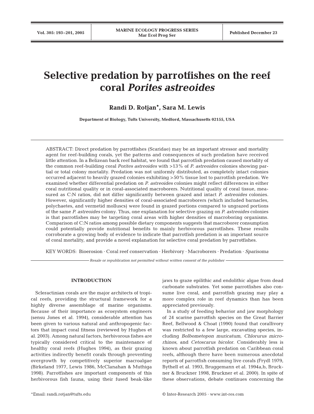 Selective Predation by Parrotfishes on the Reef Coral Porites Astreoides