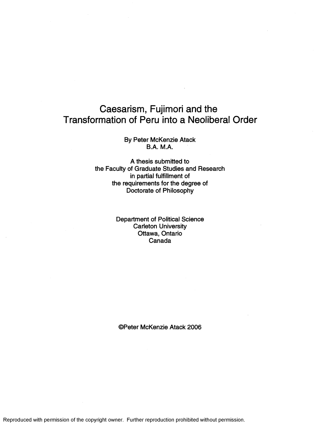 Caesarism, Fujimori and the Transformation of Peru Into a Neoliberal Order