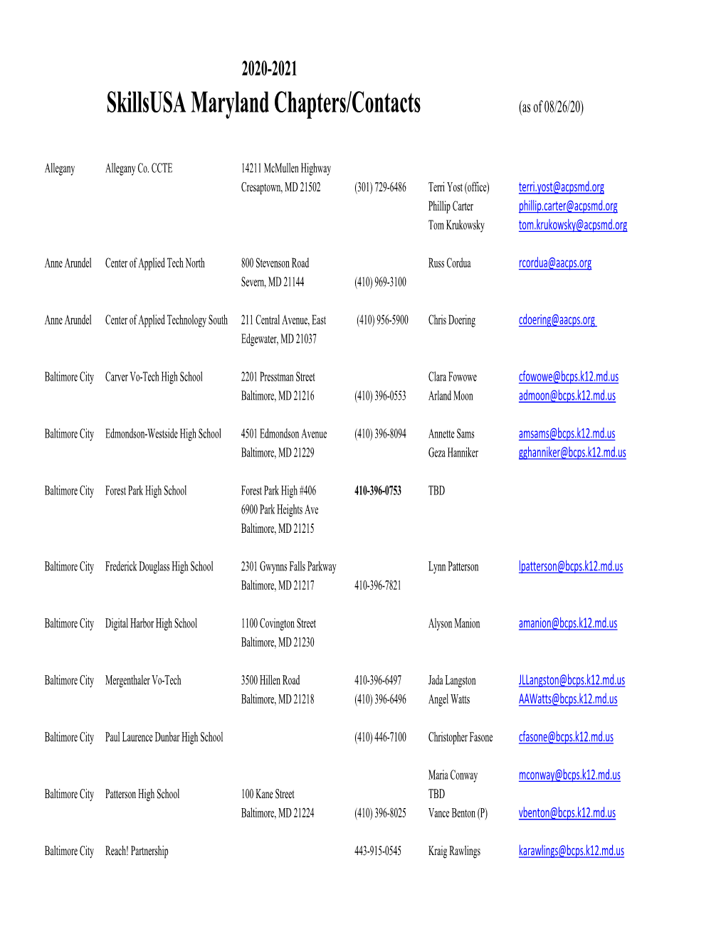 Skillsusa Maryland Chapters/Contacts (As of 08/26/20)