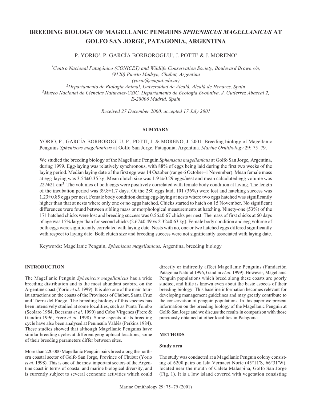 Breeding Biology of Magellanic Penguins Spheniscus Magellanicus 75