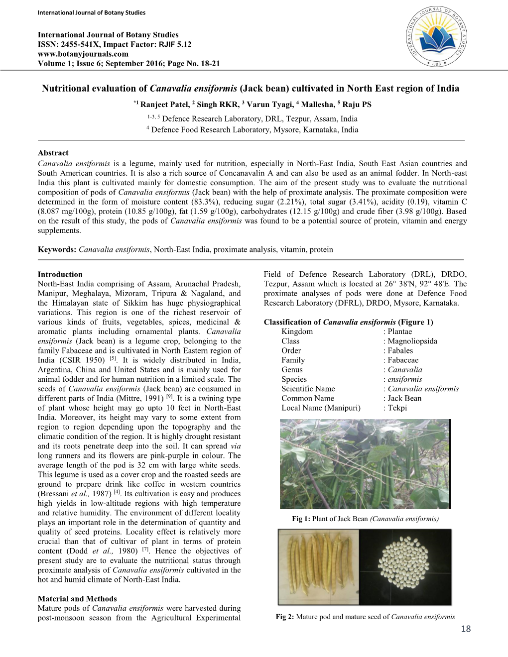 18 Nutritional Evaluation of Canavalia Ensiformis (Jack Bean) Cultivated in North East Region of India