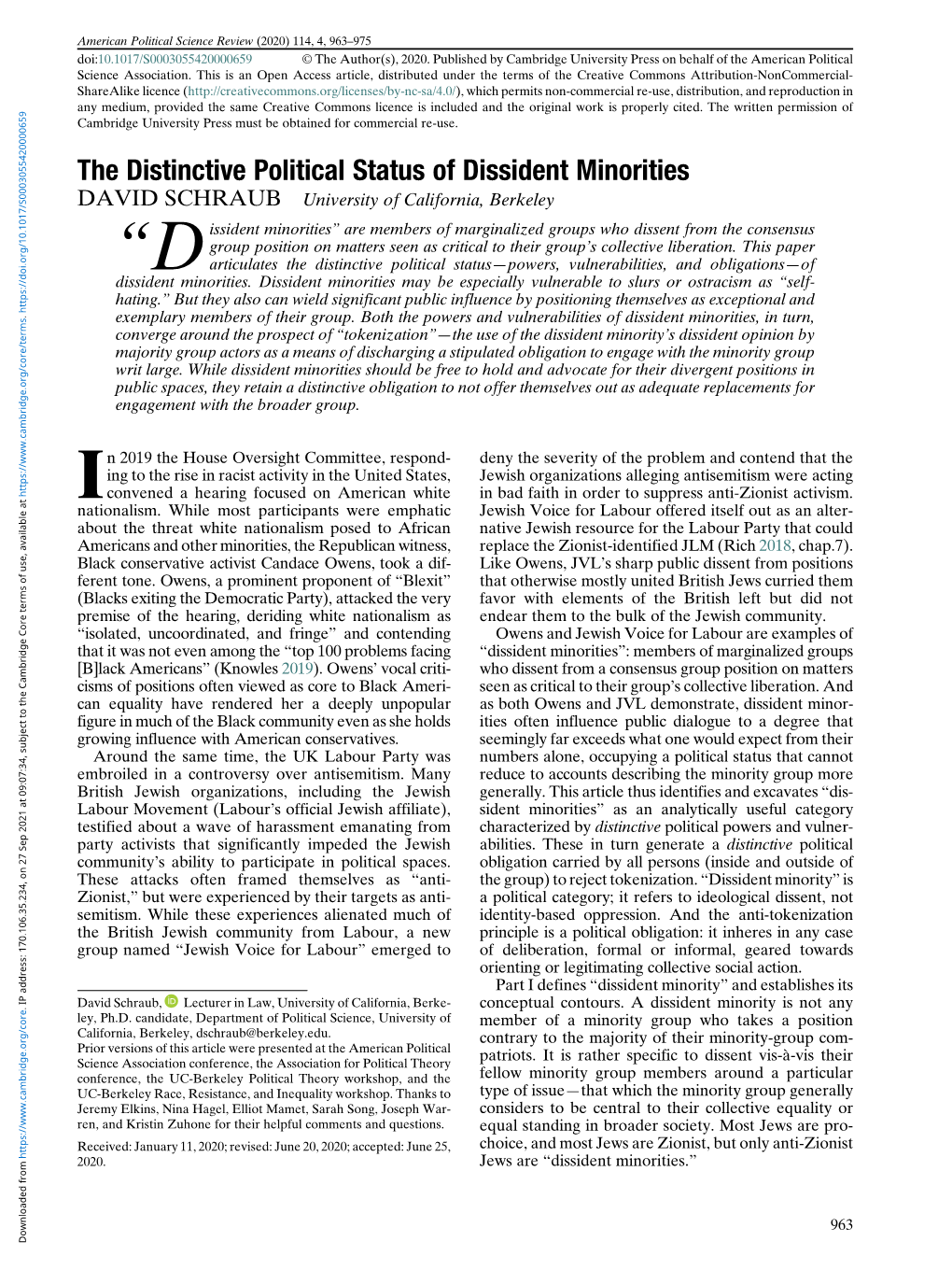 The Distinctive Political Status of Dissident Minorities