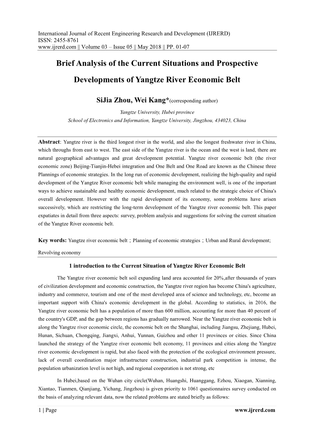 Brief Analysis of the Current Situations and Prospective Developments of Yangtze River Economic Belt